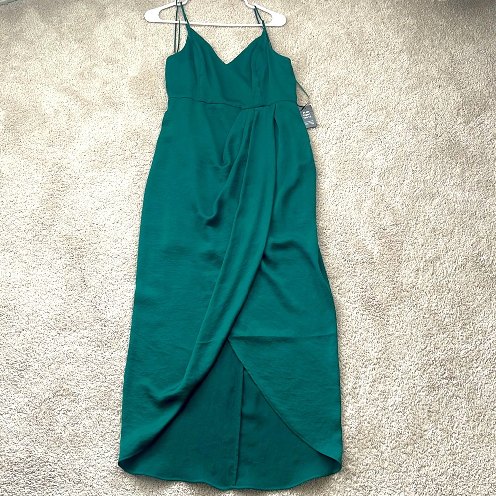 Faux satin sheen maxi dress with draped end
